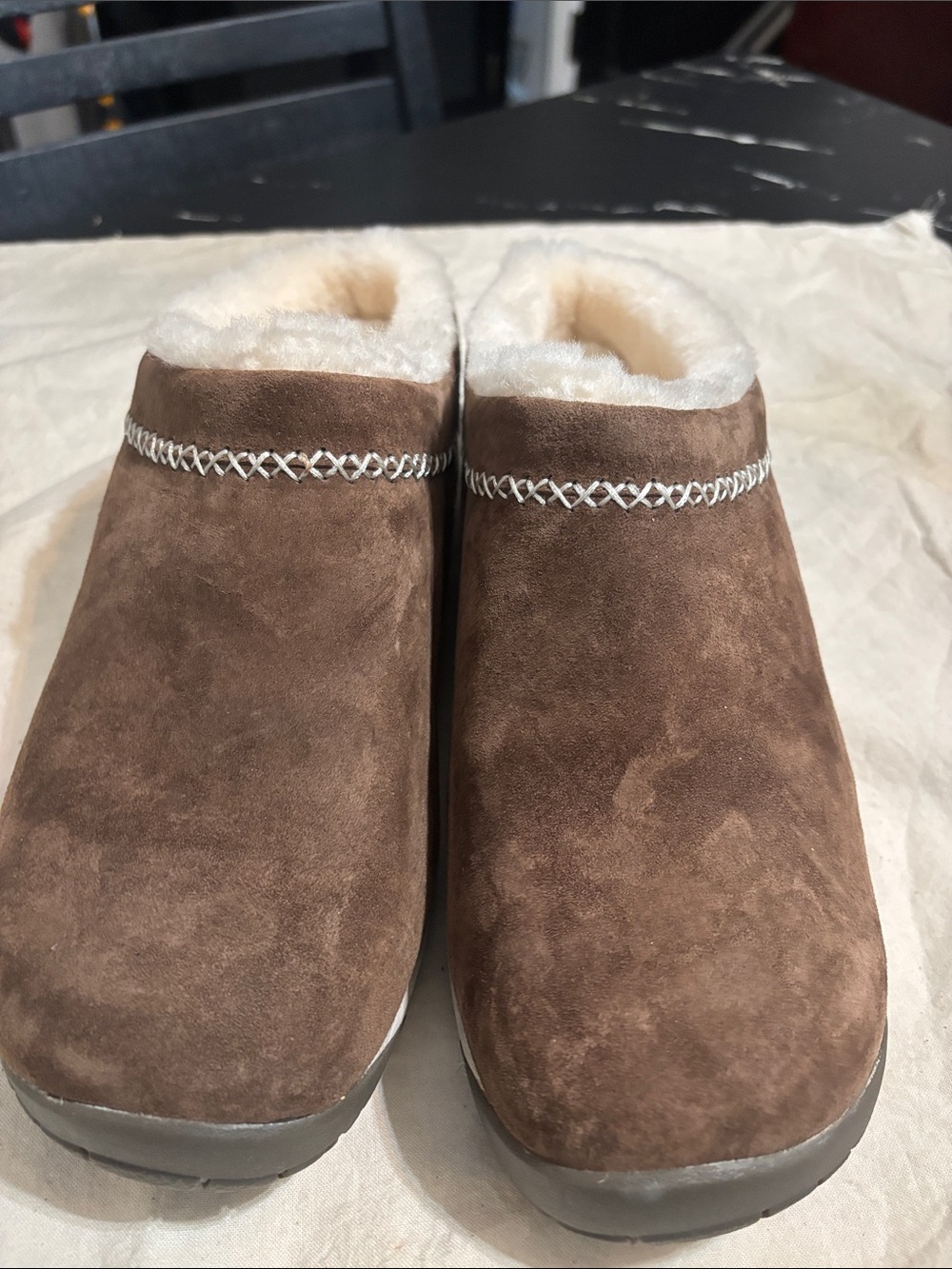 Merrell Brown Suede Shearling-Lined Slip-On Slippers